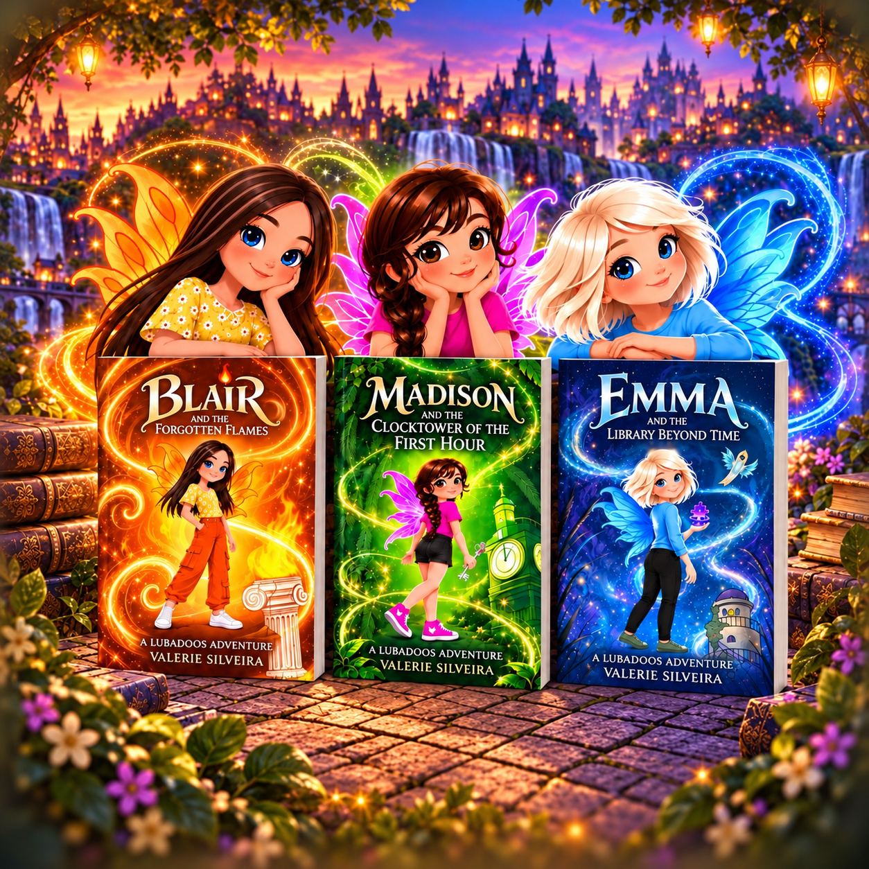 3 Girls Leaning on Books - square Lubadoos Adventures books